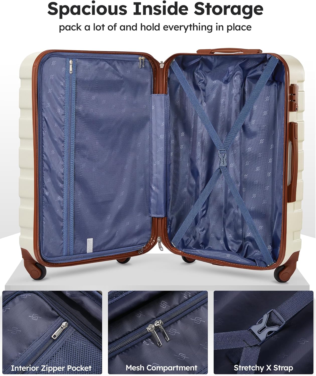 Suitour Luggage 3 Piece Sets Hard Shell Luggage Set with Spinner Wheels,TSA Lock,20 24 28 inch Travel Suitcase Sets (White Brown)