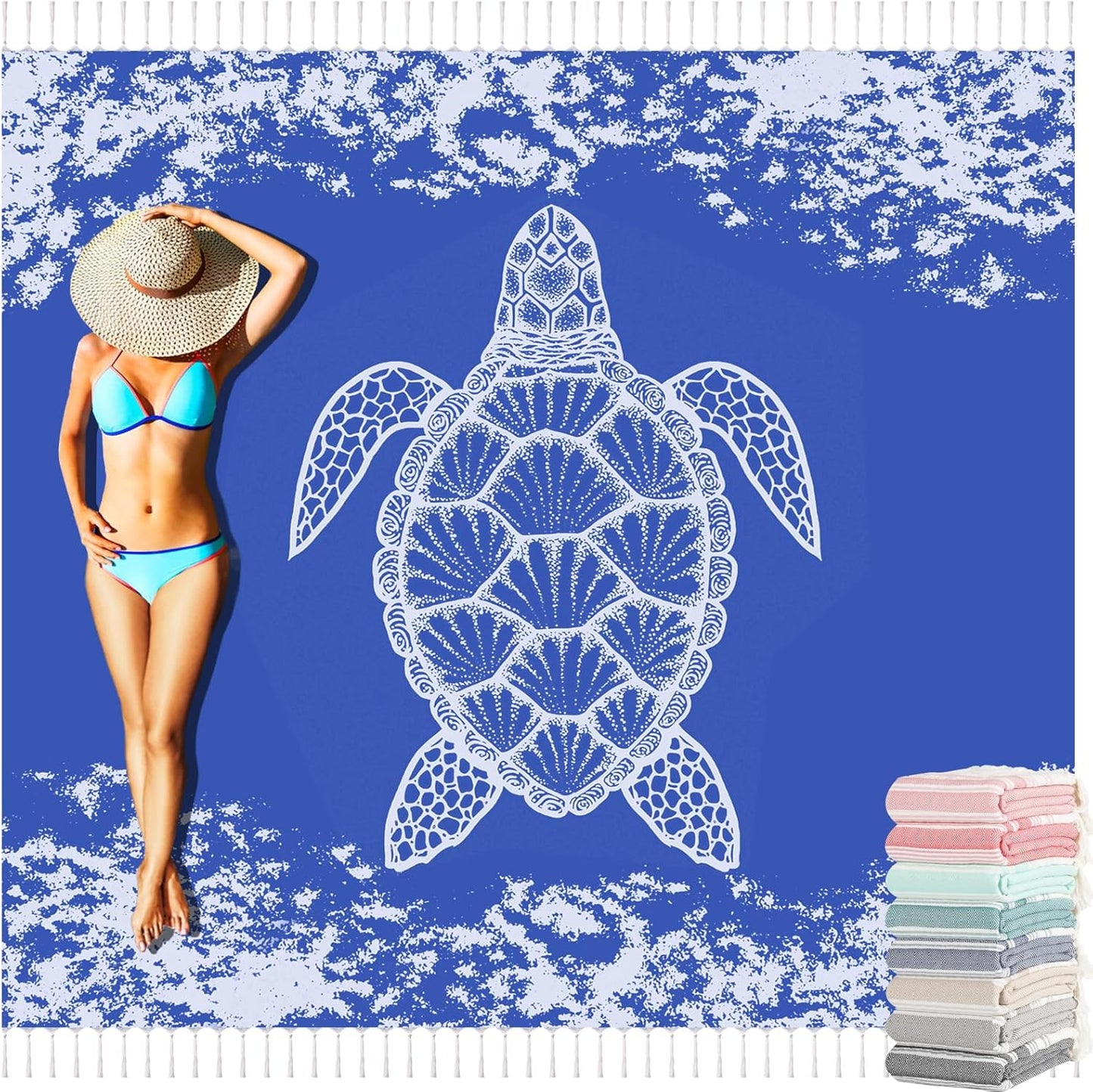 Oversized Turkish Beach Towel Blanket Cotton Giant XL Sandproof Towels Huge Linen XXL Extra Large Big Throw Quilt Blankets for Adults Blue Turtle