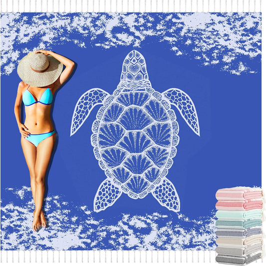 Oversized Turkish Beach Towel Blanket Cotton Giant XL Sandproof Towels Huge Linen XXL Extra Large Big Throw Quilt Blankets for Adults Blue Turtle
