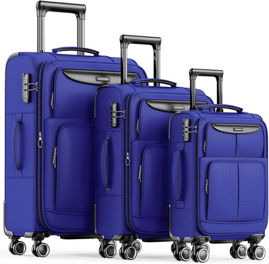 SHOWKOO Luggage Sets 3 Piece Softside Expandable Lightweight Durable Suitcase Sets Double Spinner Wheels TSA Lock Royal Blue (20in/24in/28in)