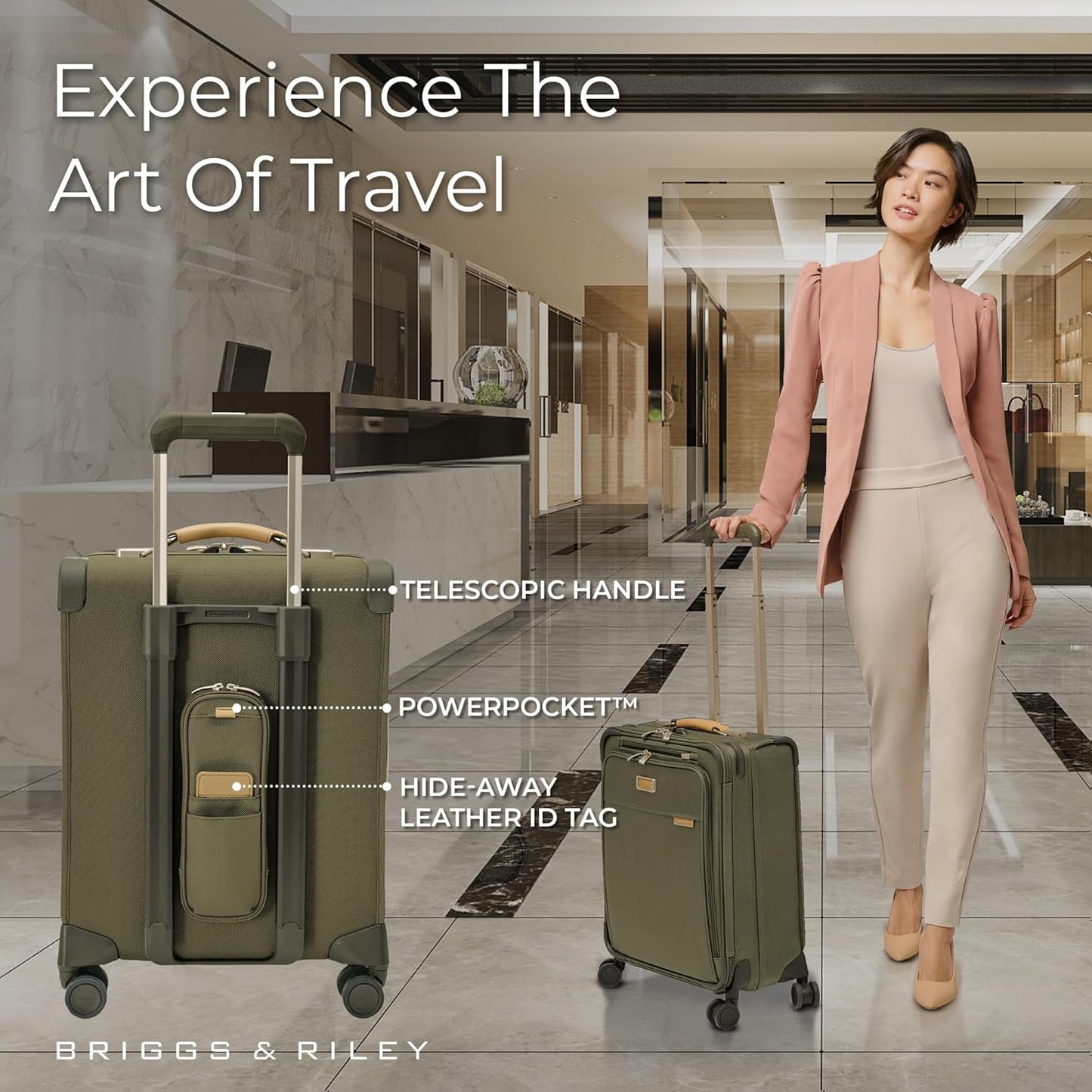 Briggs & Riley 21" Global Carry On Expandable Spinner - Luggage for International Travel, Suitcases with Wheels, Softside Rolling Bag for Men & Women, Self-Repairing Zipper- Baseline Collection, Olive