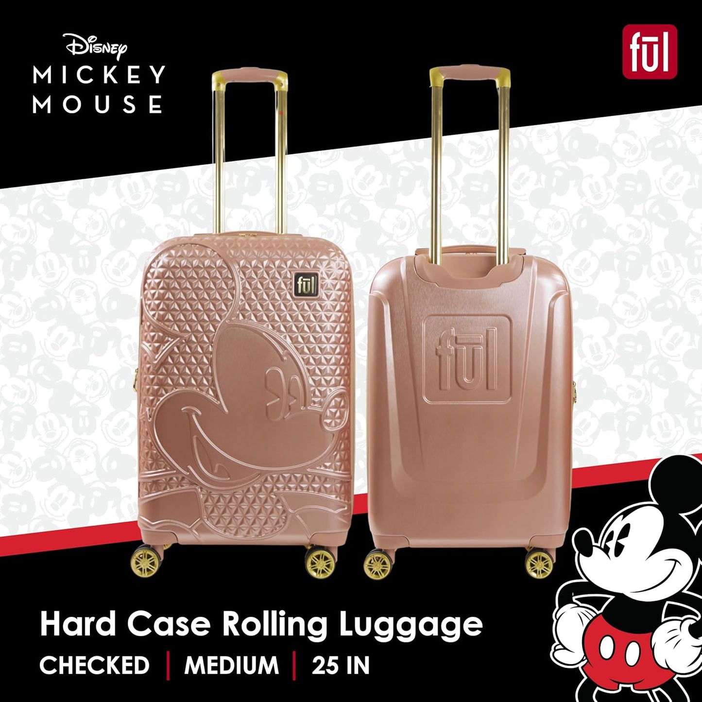 FUL Disney Mickey Mouse Rolling Luggage, Hardside Suitcase with Spinner Wheels, Rose Gold, 25 Inch