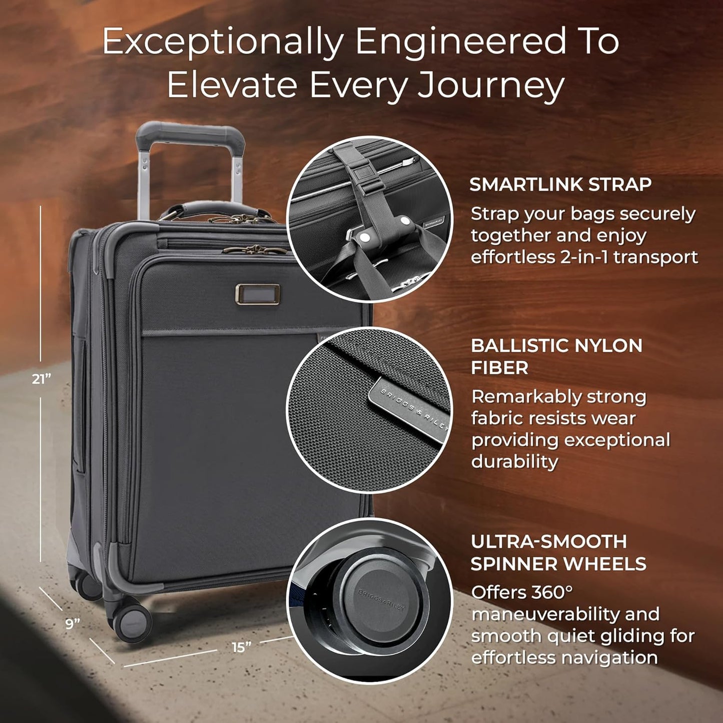 Briggs & Riley Global 21" Carry On Expandable Spinner - Luggage for Travel, Suitcases with Wheels, Softside Rolling Bag for Men & Women, Self-Repairing Zipper - Baseline Collection, Steel Gray