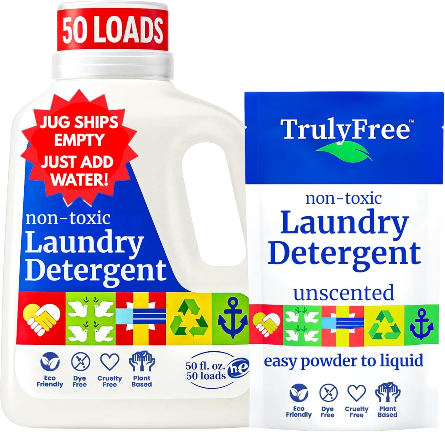 Truly Free Laundry Wash Detergent for Sensitive Skin, Gentle & Safe for Baby Clothes | Plant-Based, Natural Ingredients | Unscented | Include 1 Refillable Bottle (50 Loads)