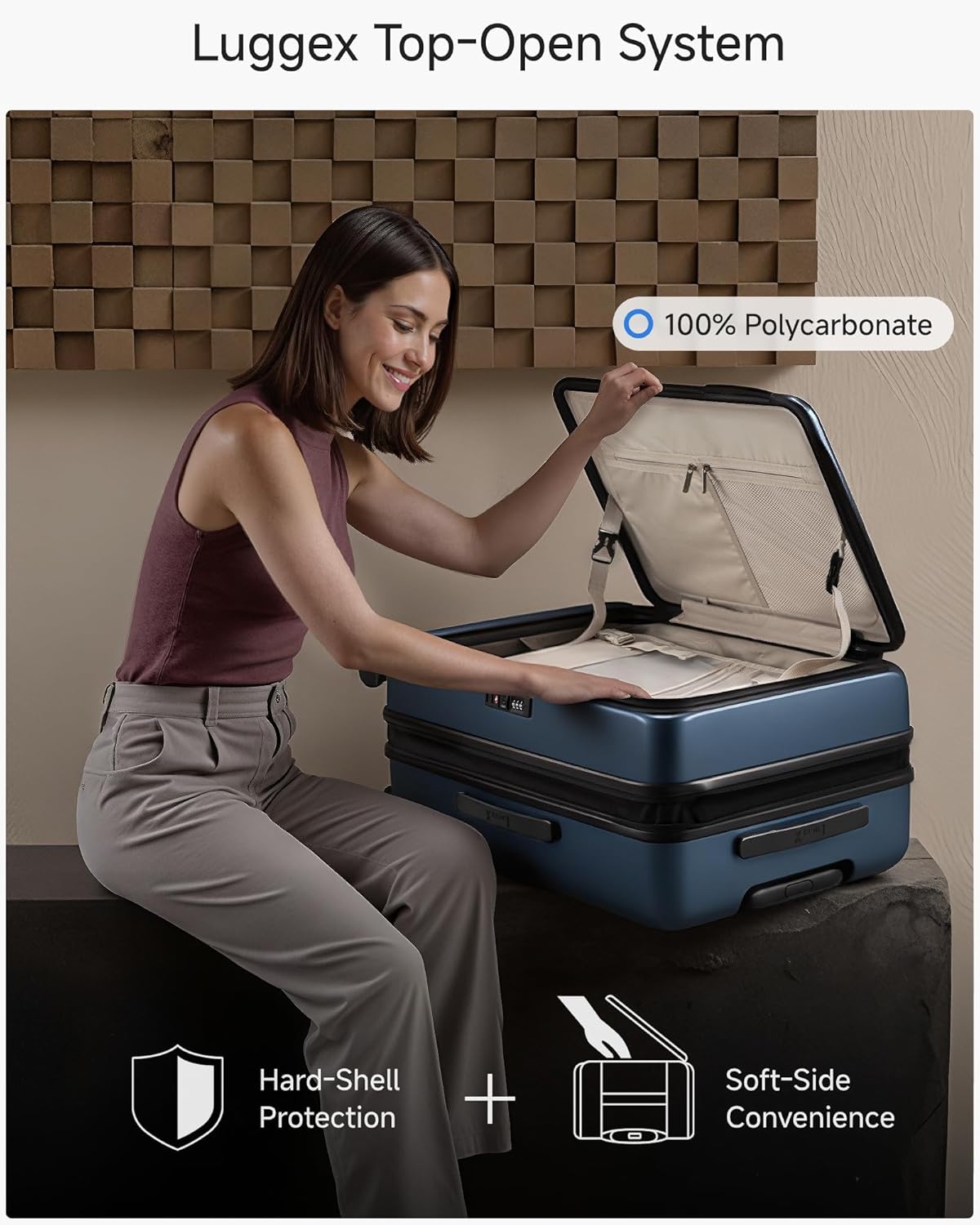 Checked Luggage Top Opening, FLT Expandable Polycarbonate Hard Shell Suitcase with Wheels (FX-Lite, Blue, 24 Inch, 63L-70L)