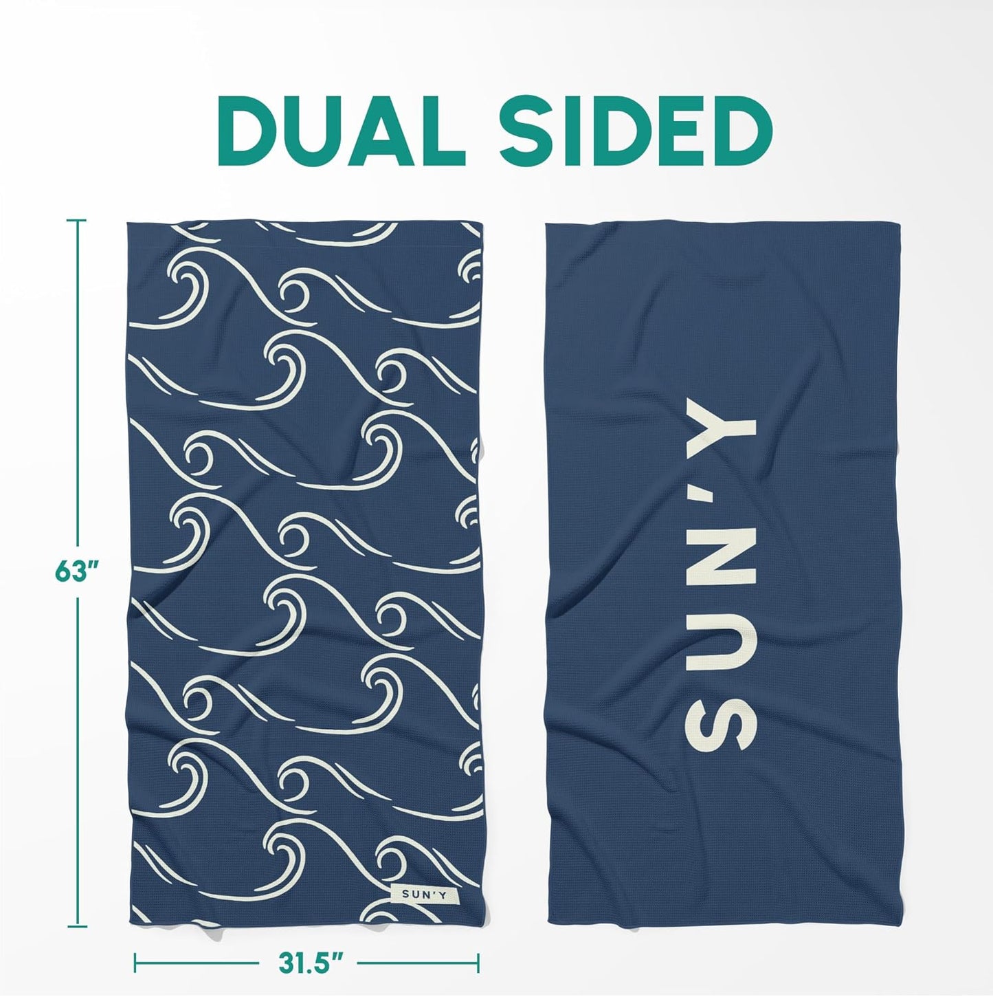 SUN'Y Waffle Microfiber Beach Towel – Sand Free, Quick Dry, Ultra Absorbent, Lightweight & Compact Travel Towel with Carry Bag - Large (63” x 31.5”), Curl