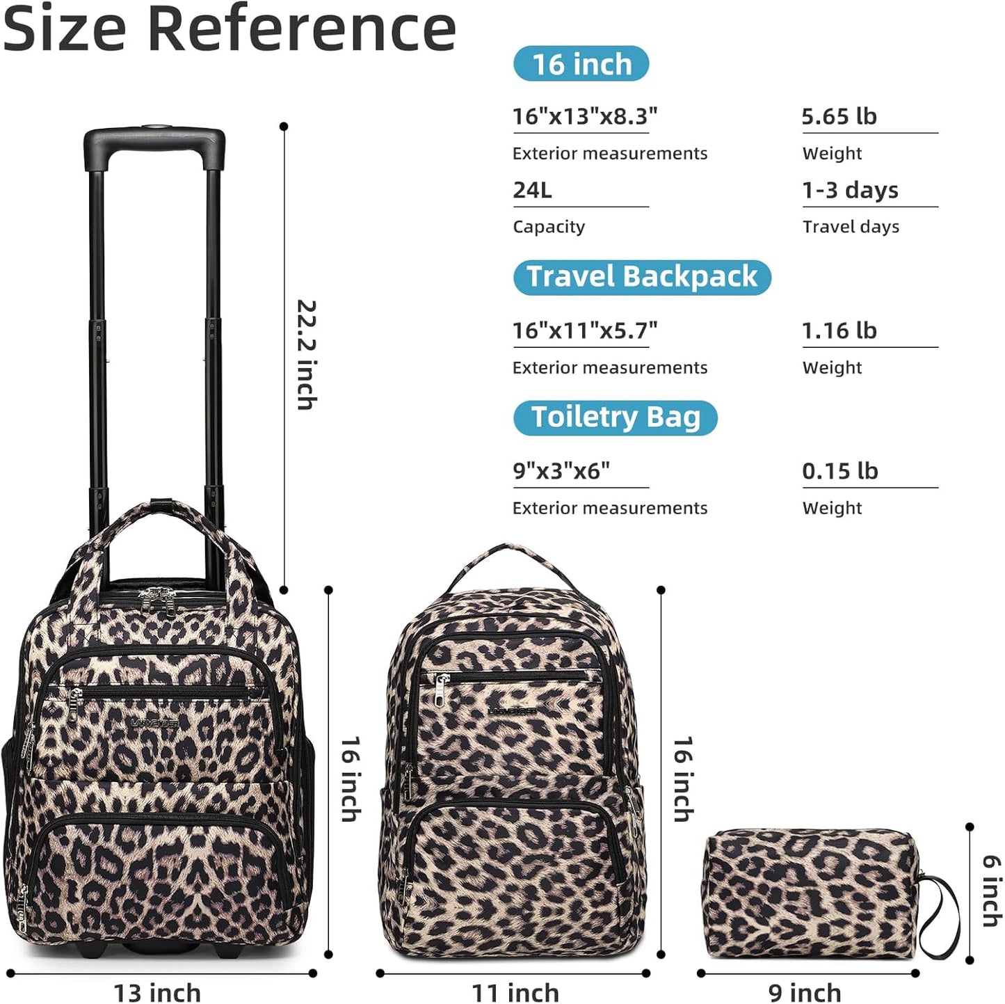 LARVENDER Underseat Carry On Luggage with Wheels Softside 16-inch Underseater Luggage Lightweight Overnight Suitcase for Men Women, Leopard, 3 Piece (16/BP/TB)