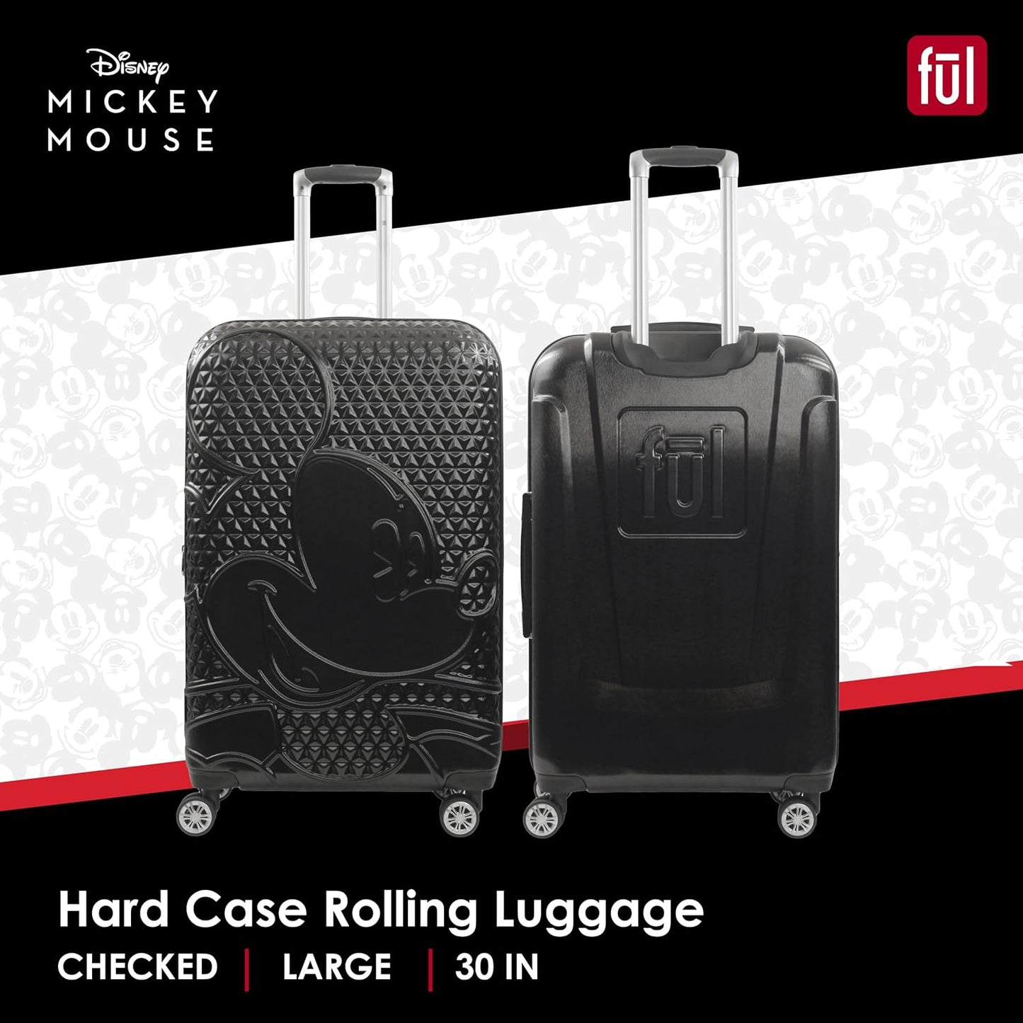 FUL Disney Mickey Mouse 30 Inch Rolling Luggage, Hardshell Suitcase with Spinner Wheels, Black