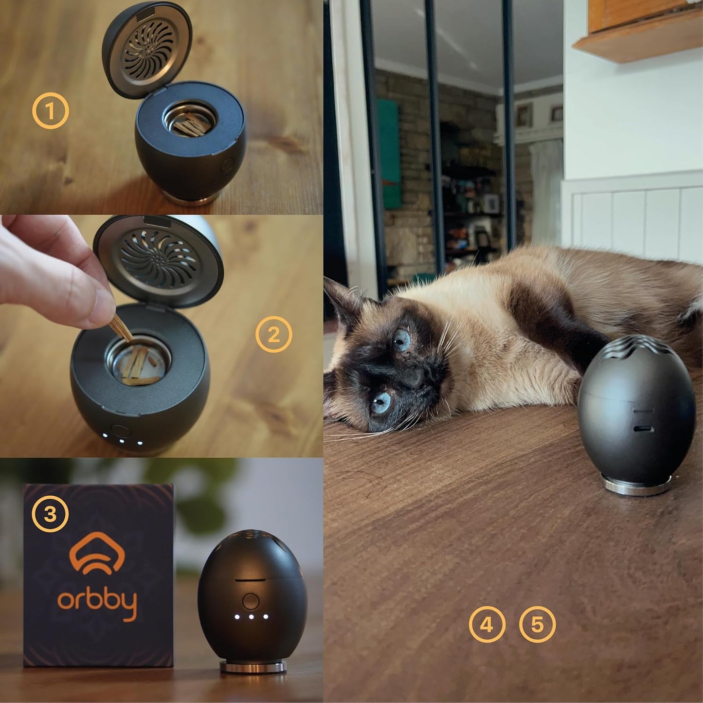 Orbby Scent Diffuser Starter Kit | Portable Mini Desk Diffuser for Office: Electric Incense Burner, Rechargeable Cordless Air Freshener for Home, Odor Eliminator – Flameless (Gray, No Pellets)