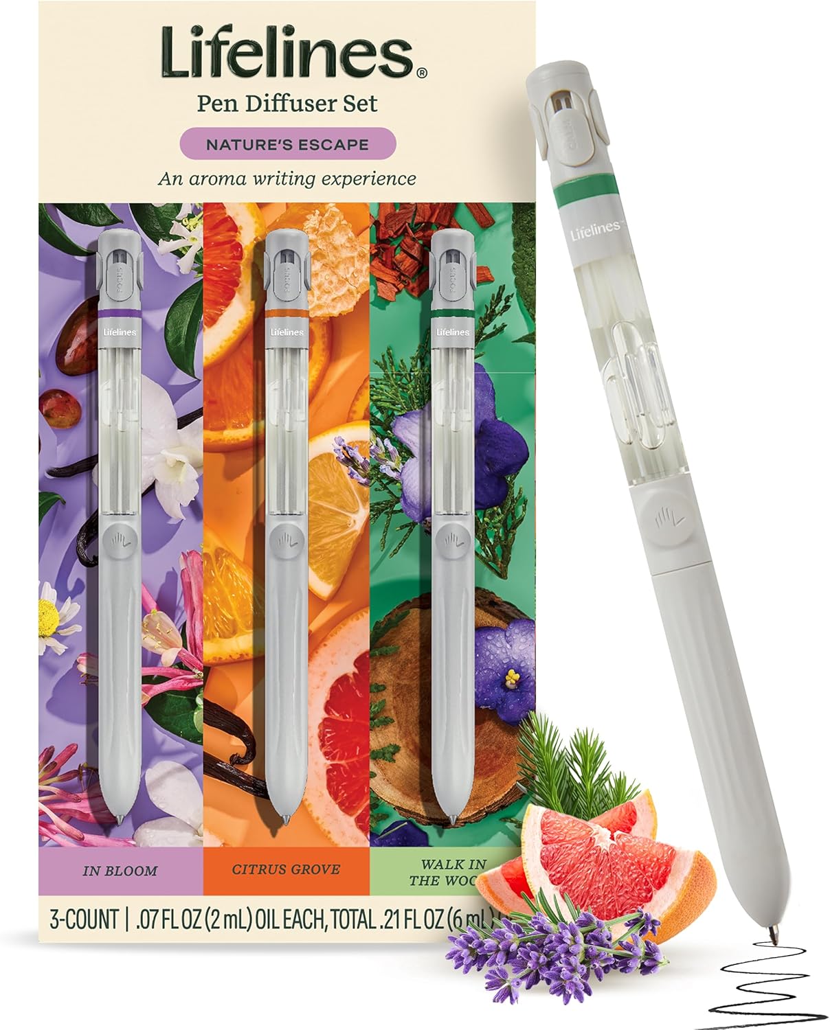 Lifelines Pen Diffuser Set, Nature's Escape 3-Pack – 1mm Black Ballpoint Pens with Scented Essential Oil Blends – Aromatherapy Diffuser & Sensory Immersion Diffuse Aroma As You Write