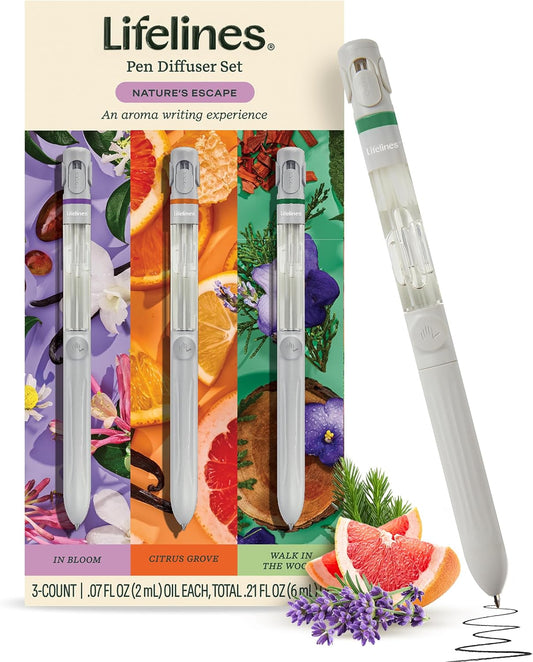 Lifelines Pen Diffuser Set, Nature's Escape 3-Pack – 1mm Black Ballpoint Pens with Scented Essential Oil Blends – Aromatherapy Diffuser & Sensory Immersion Diffuse Aroma As You Write