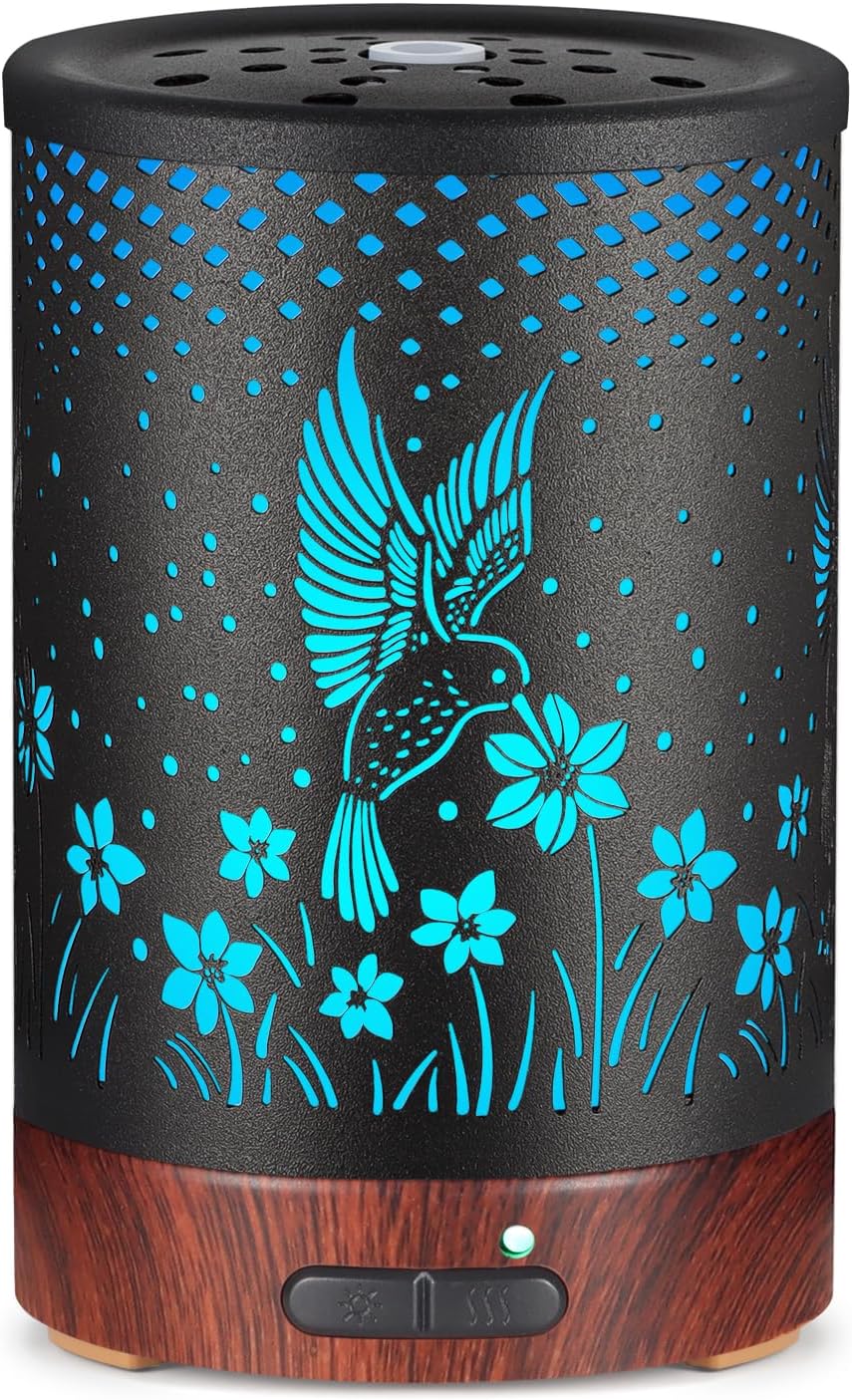 Essential Oils Diffuser,Aromatherapy Diffuser,Birthday Gifts for Women Mom Grandma,Metal Cool Mist Humidifier with 7 Colors Lights Waterless Auto Off Air Diffusers (C-Hummingbirds)