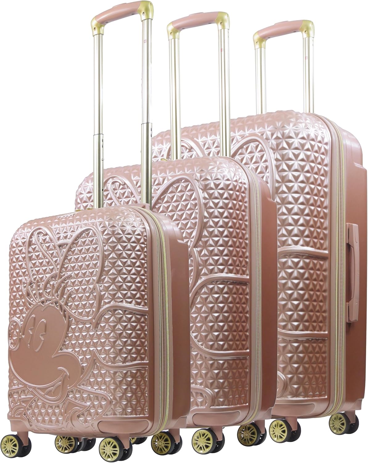 FUL Disney Rolling Luggage, Textured Hardshell Suitcase with Wheels, Minnie Mouse-Rose Gold, 3 Piece Set