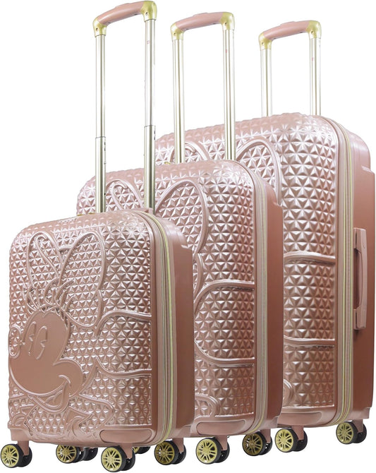 FUL Disney Rolling Luggage, Textured Hardshell Suitcase with Wheels, Minnie Mouse-Rose Gold, 3 Piece Set