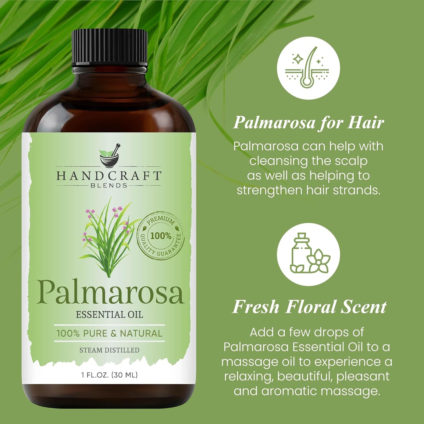 Handcraft Blends Palmarosa Essential Oil – 1 Fl Oz – 100% Pure and Natural – Premium Grade Essential Oil for Diffuser and Aromatherapy, Skin, Massage, Candle and Soap Making Fragrance
