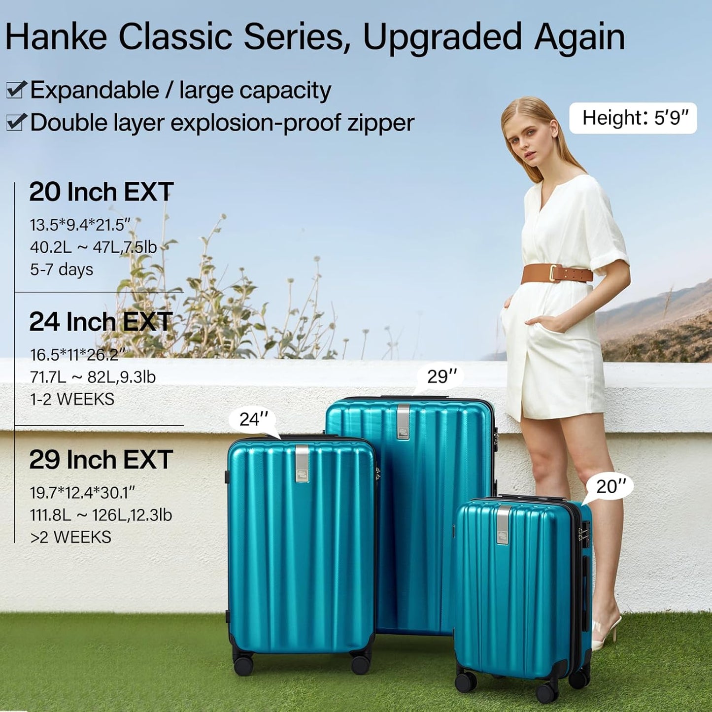 Hanke 29 Inch Expandable Checked Luggage Lightweight PC Hard Shell Luggage Suitcases with Wheels Tsa Luggage Rolling Large Suitcase Travel Luggage Bag for Study Abroad(Caribbean Blue)