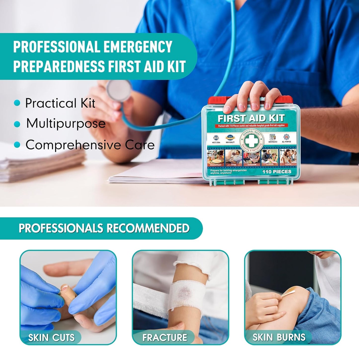 General Medi 110 Pieces Small First Aid Kit - HardCase First Aid Box - Contains Premium Medical Supplies for Travel, Home, Office, Vehicle, Camping, Workplace & Outdoor