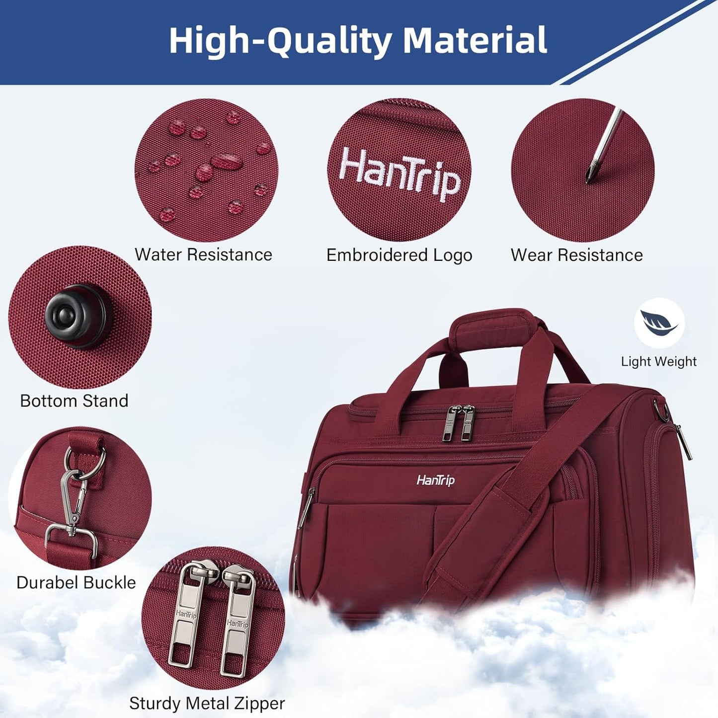 Carry on Duffel Bag Foldable Duffle Bags for Travel, Under Seat Personal Item Bags for Airplanes, Weekender Overnight Mens Travel Tote Bag for Women Small Softside Carry on Luggage (Burgundy)