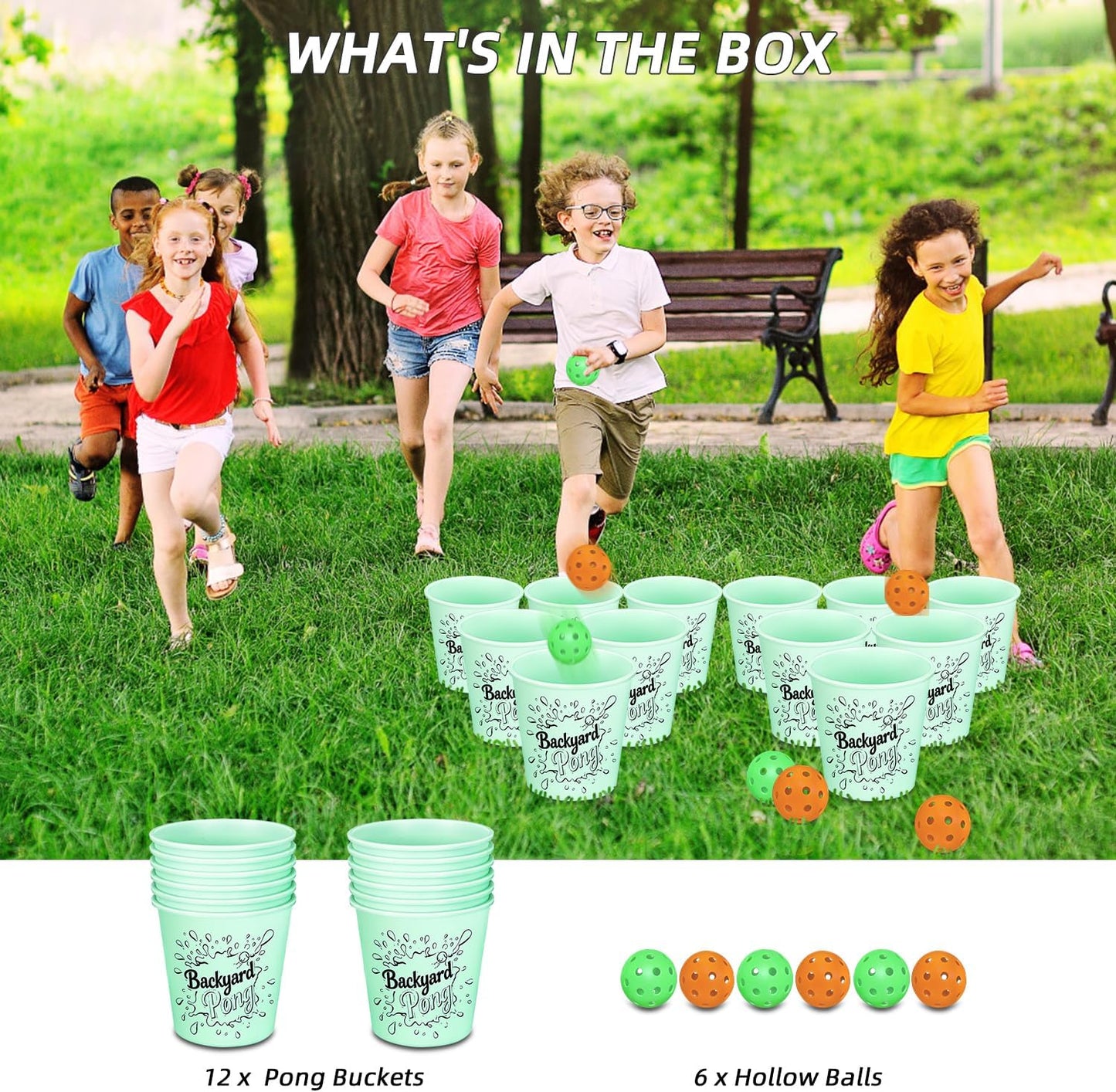 Mostop Yard Pong Outdoor Games Glow in Dark, Giant Yard Game Set with 12 Buckets, 6 Balls and Carrying Bag, Toss Throwing Game for Kids Adults Lawn, Beach, Camping, Tailgating or Backyard Activities