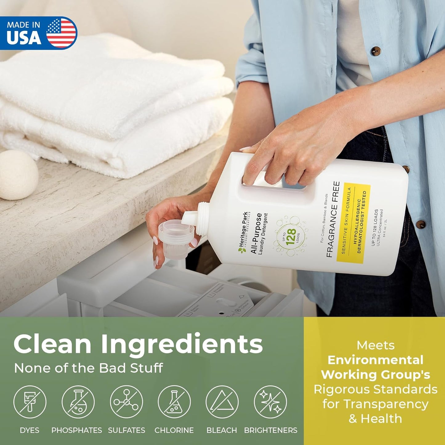 Heritage Park All-Purpose Fragrance Free, Hypoallergenic, pH-Neutral Laundry Detergent - Dermatologist-tested, Sensitive Skin-Friendly, Stain-Fighting Enzymes, 3x Concentrated (64 fl oz Refill Pouch)