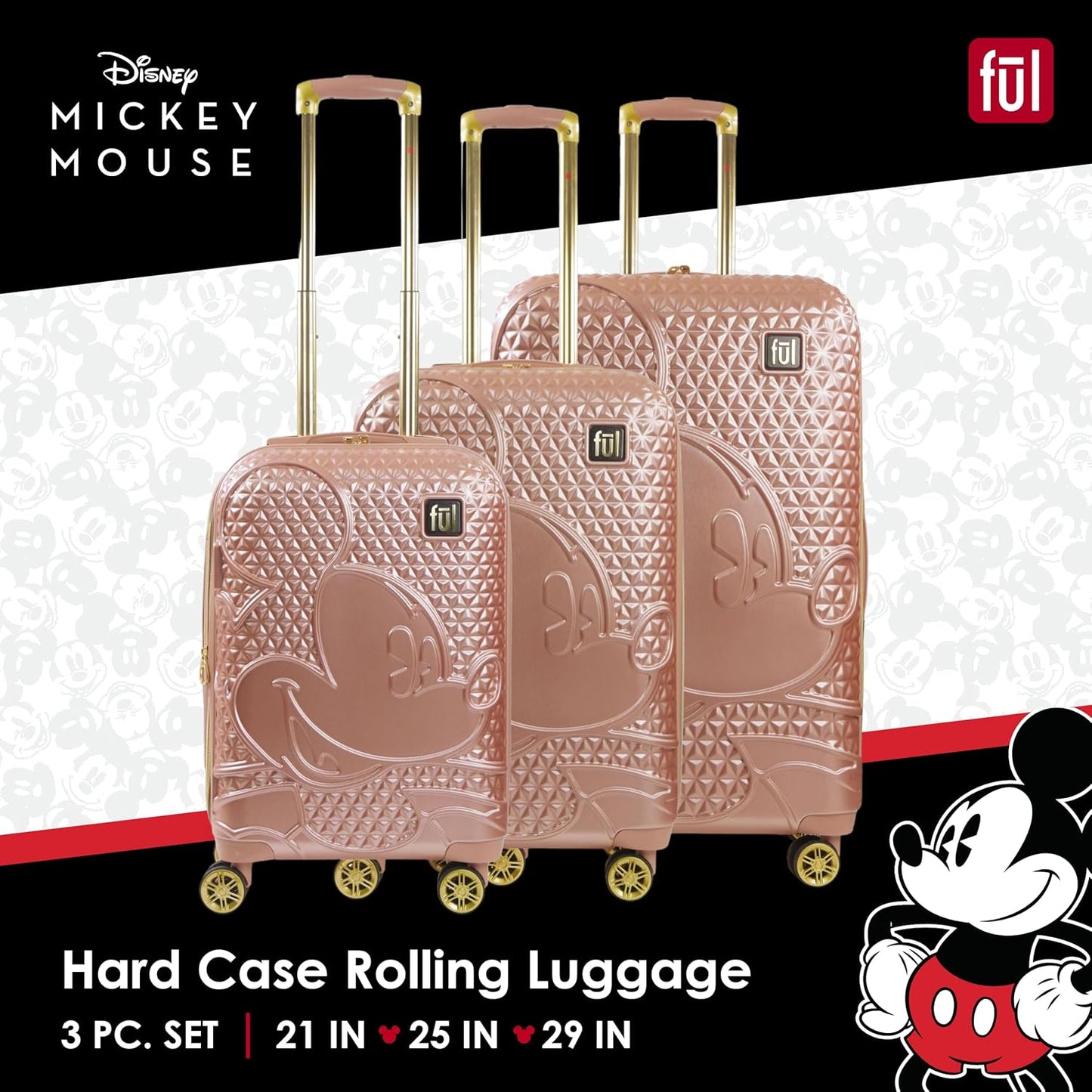 FUL Disney Mickey Mouse 3 Piece Rolling Luggage Set, Hardside Suitcase with Spinner Wheels, 21 Inch, 25 Inch and 29 Inch, Rose Gold