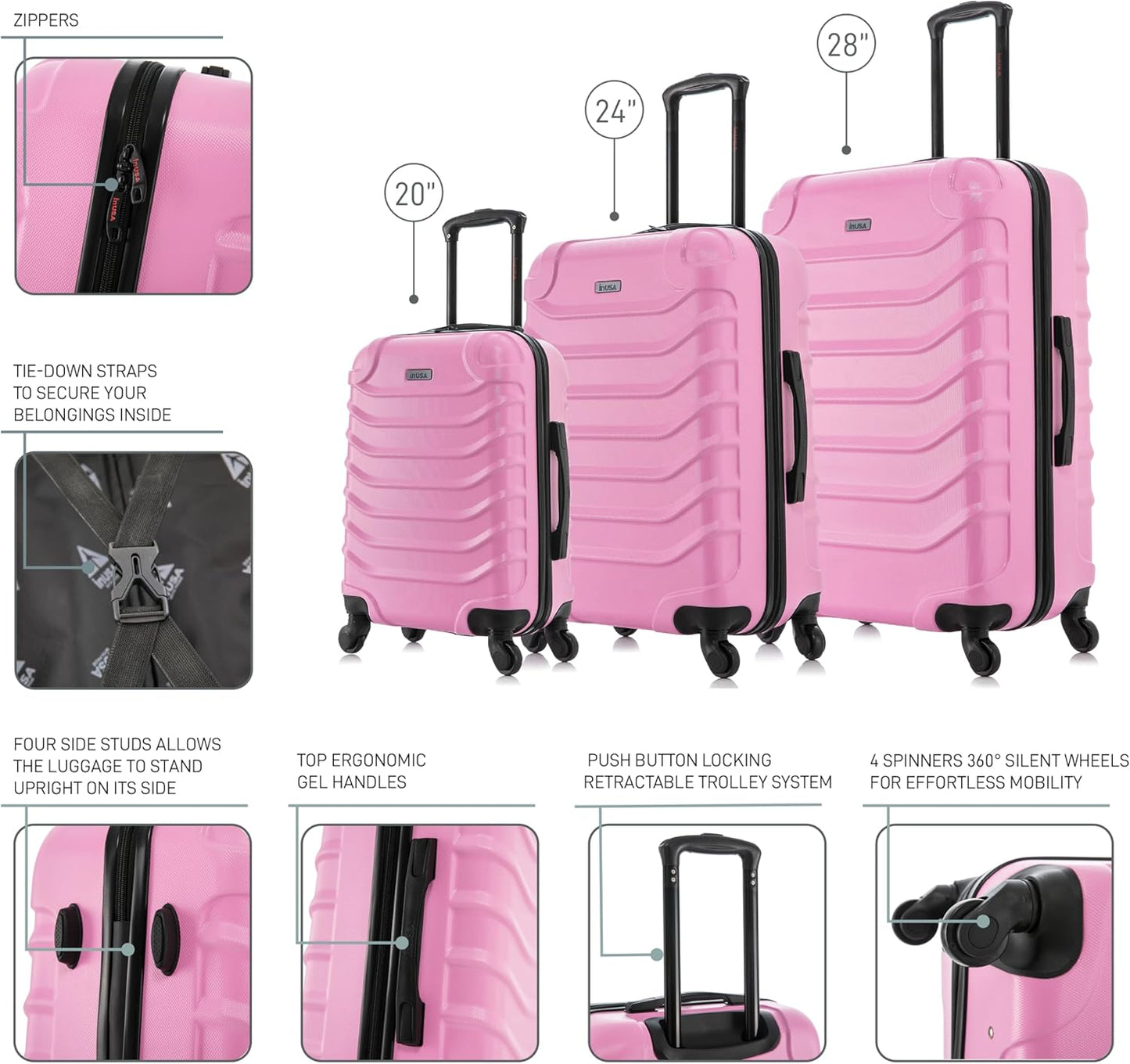 InUSA ENDURANCE Luggage with Spinner Wheels | Durable Lightweight Hardshell Spacious Travel Sets with Handle and Trolley | (20in, 24in, 28in) 3 Piece Luggage Set | Pink