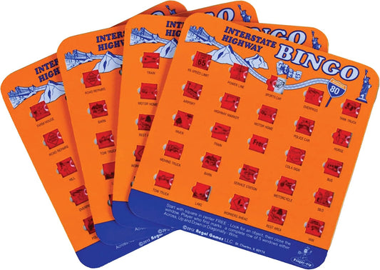 Regal Games Finger-Tip Shutter Bingo Cards with Sliding Windows - Interstate Highway Game Set - Travel Bingo Game for Adults & Kids - Reusable, No Chips & Daubers Needed - 4 Packs - Orange