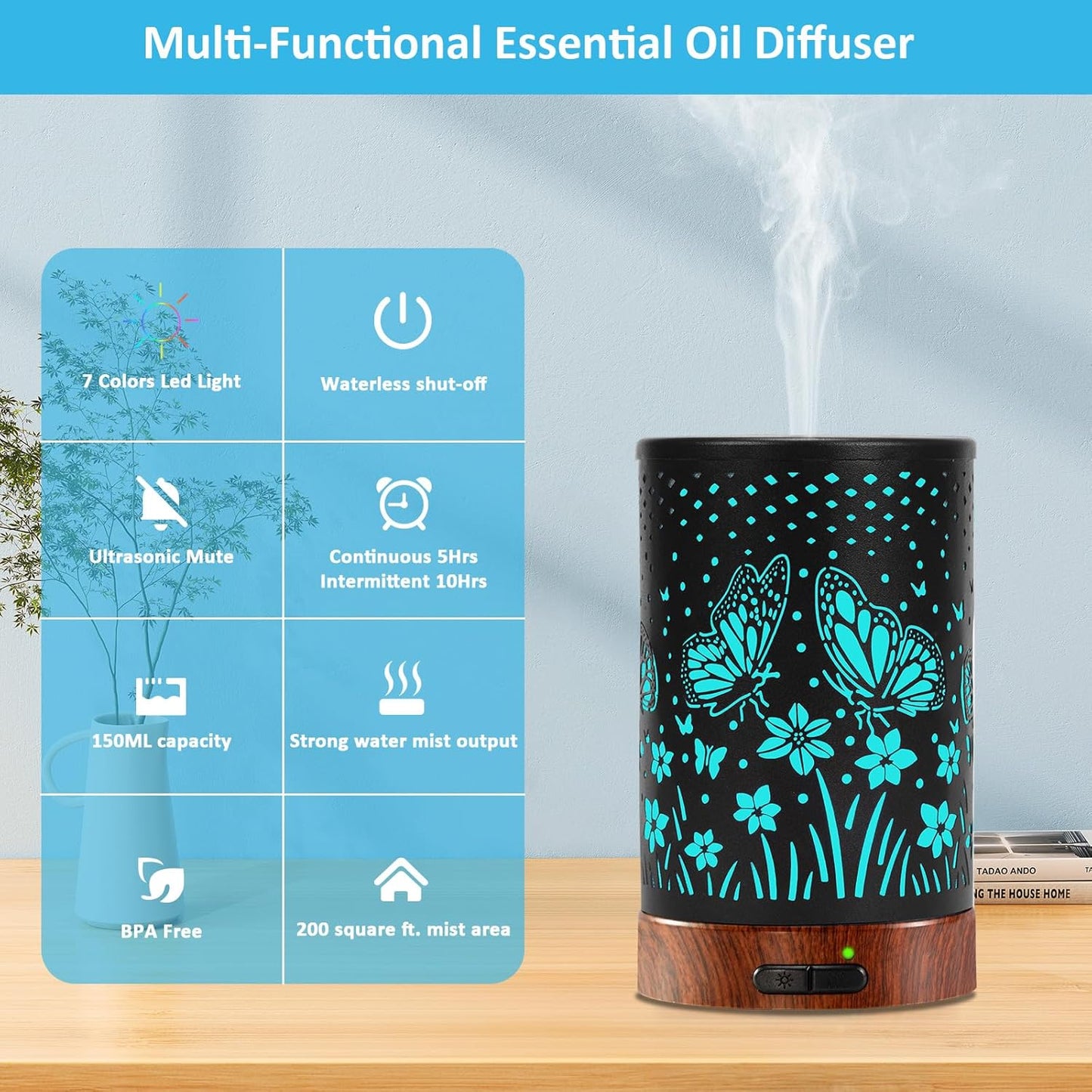 Essential Oil Diffuser - 150ML Metal Aromatherapy Diffuser for Essential Oils with 7 Colors Lights Gifts for Mom Waterless Auto Shut-Off & Ultrasonic Cool Mist Diffuser, Ambience for Home