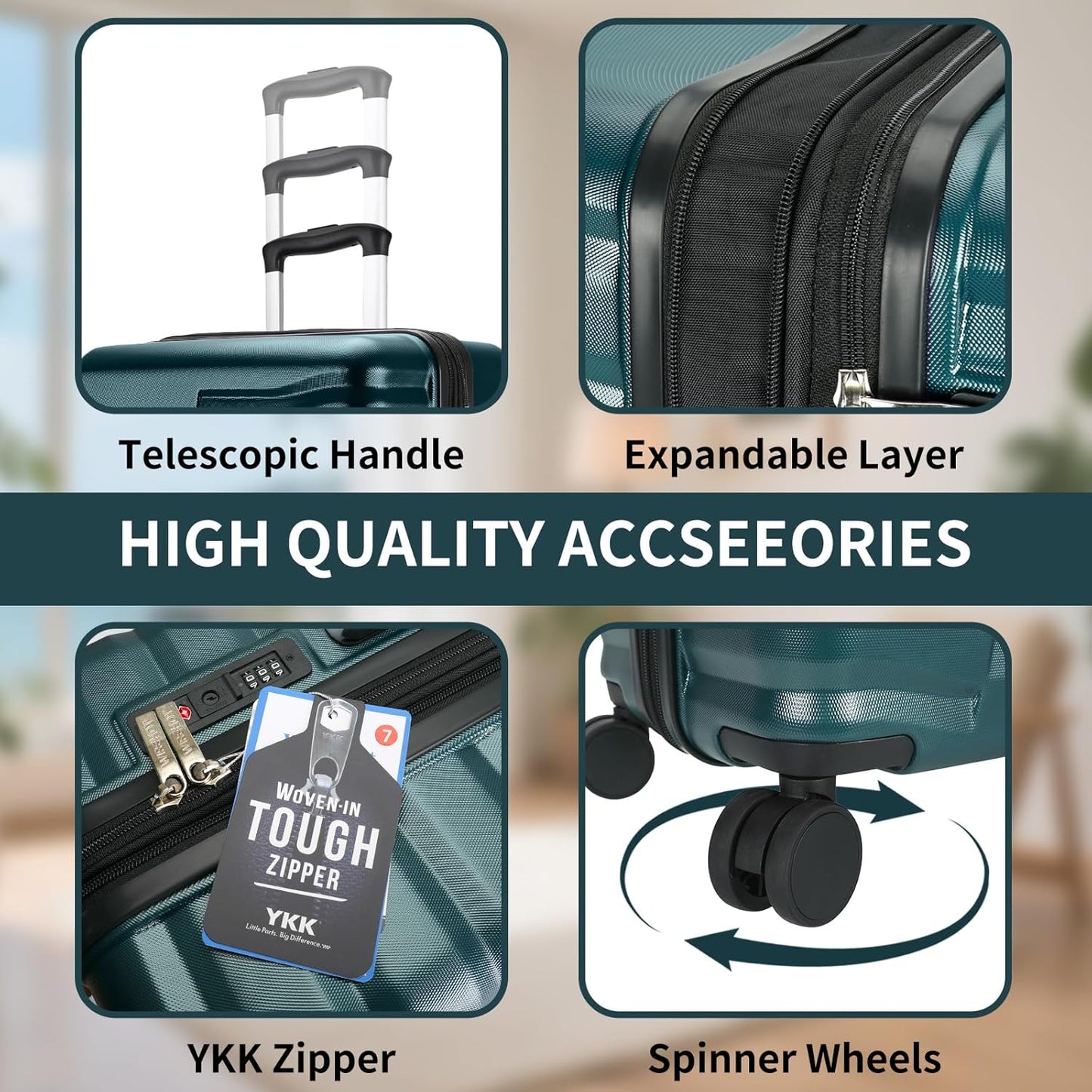 5-Piece Luggage Set, Lightweight ABS+PC Hard Shell Suitcase with YKK Zipper & TSA Lock for Family, Teal Blue, 14in/18in/20in/24in/28in