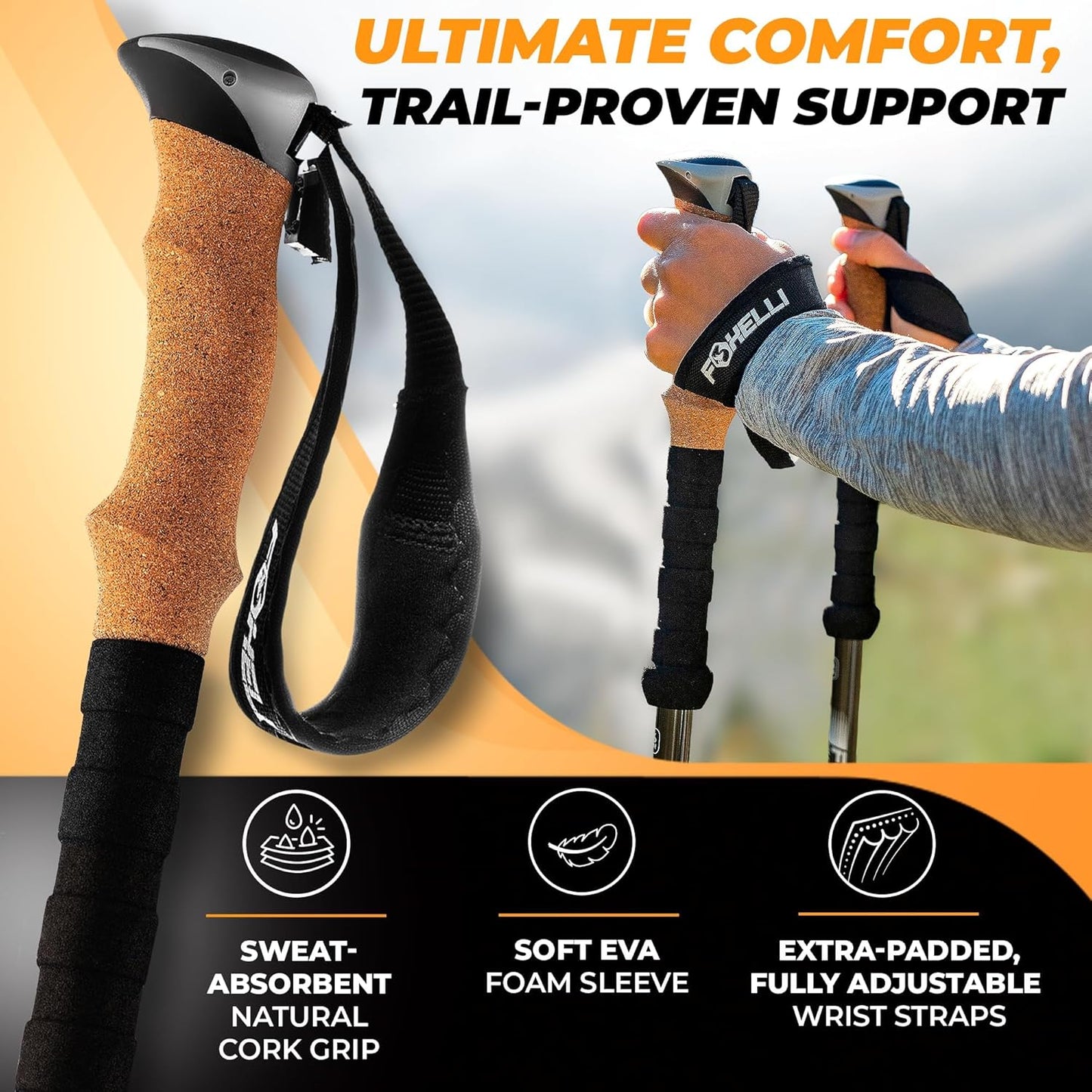 Foxelli Carbon Fiber Trekking Poles – Lightweight Collapsible Hiking Poles with Cork Grips, Lever Locks & All Terrain Accessories