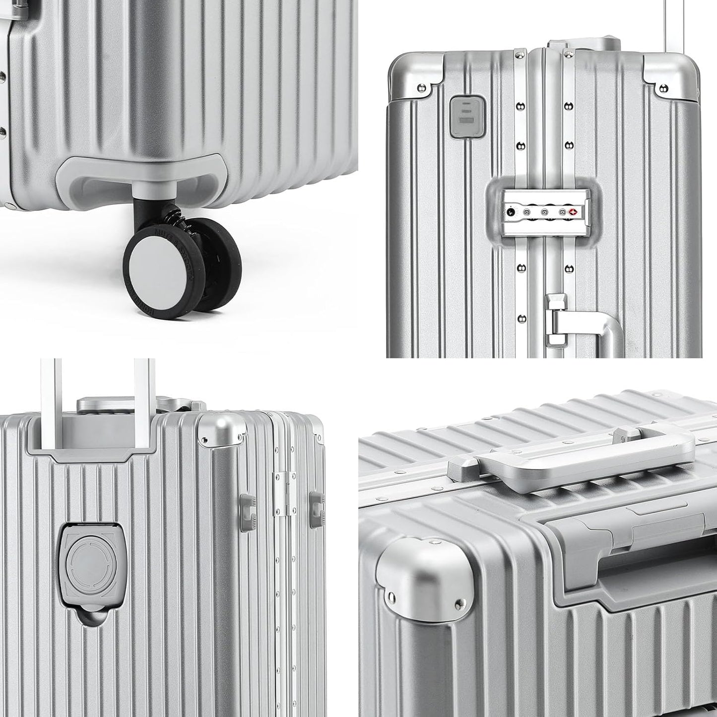 24 Inch Aluminum Frame Checked Travel Luggage with Spinner Wheels,Zipperless Hard Shell Suitcases with TSA Approved USB Port,Cup & Phone Holder for Women Men,Silver