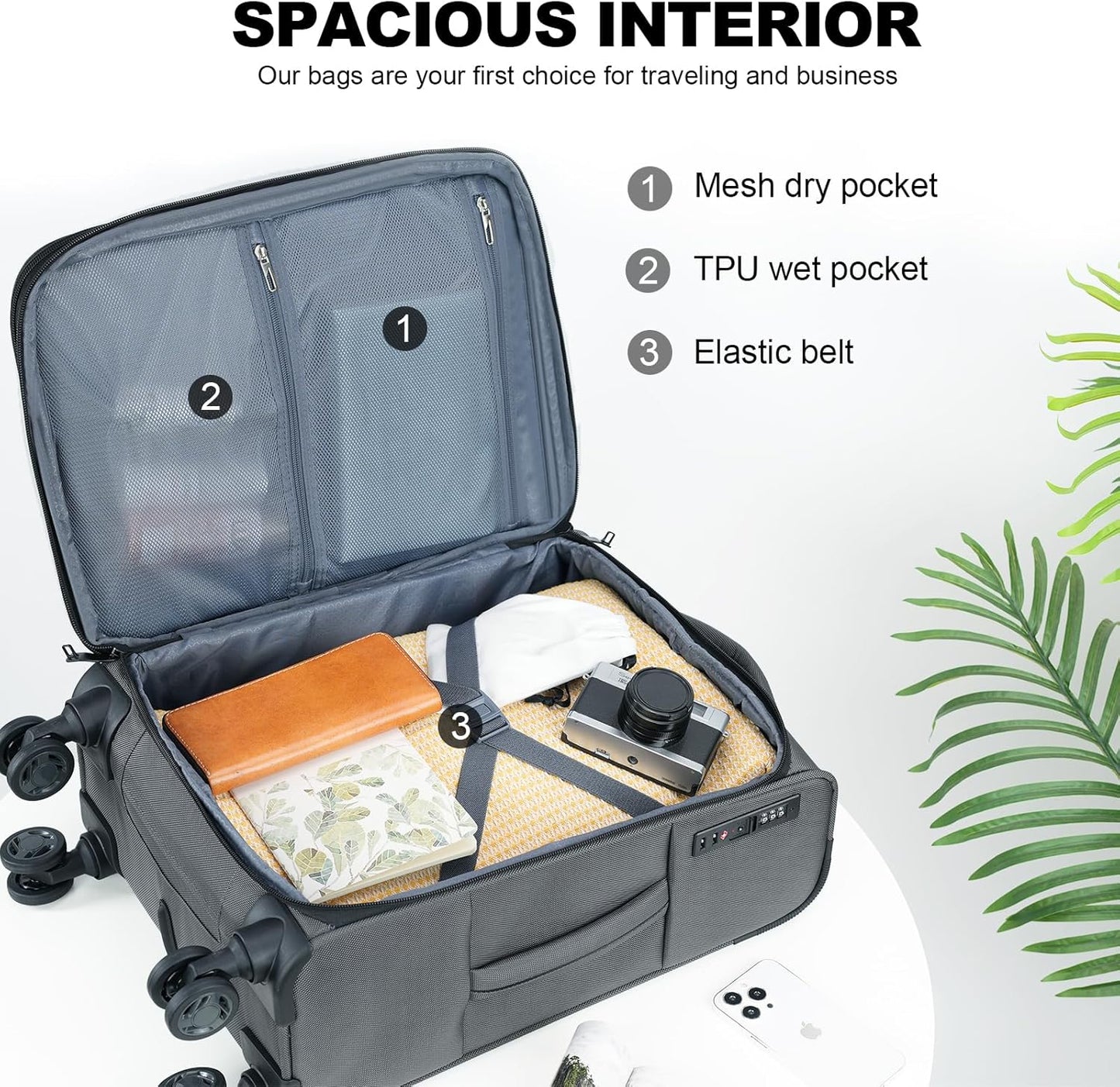 KROSER Softside Expandable Carry On Luggage with Spinner Wheels & Built-in TSA Lock, Durable Suitcase Rolling Luggage with USB Port, Carry-On 20-Inch, Grey