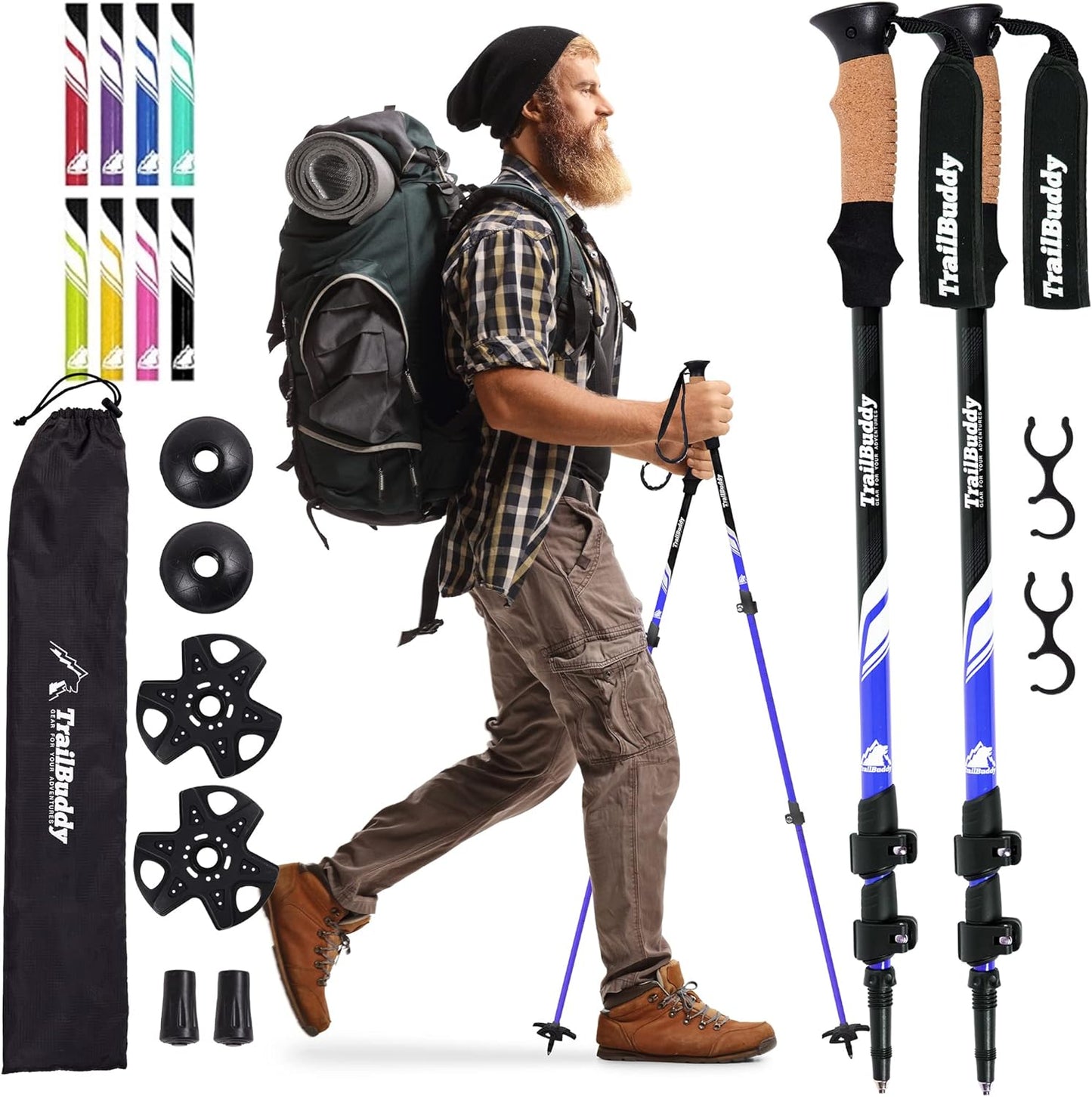 TrailBuddy Trekking Poles – Lightweight 7075 Aluminum Hiking Poles for Women, Men & Seniors – Collapsible Walking Sticks for Travel, Trails & Balance