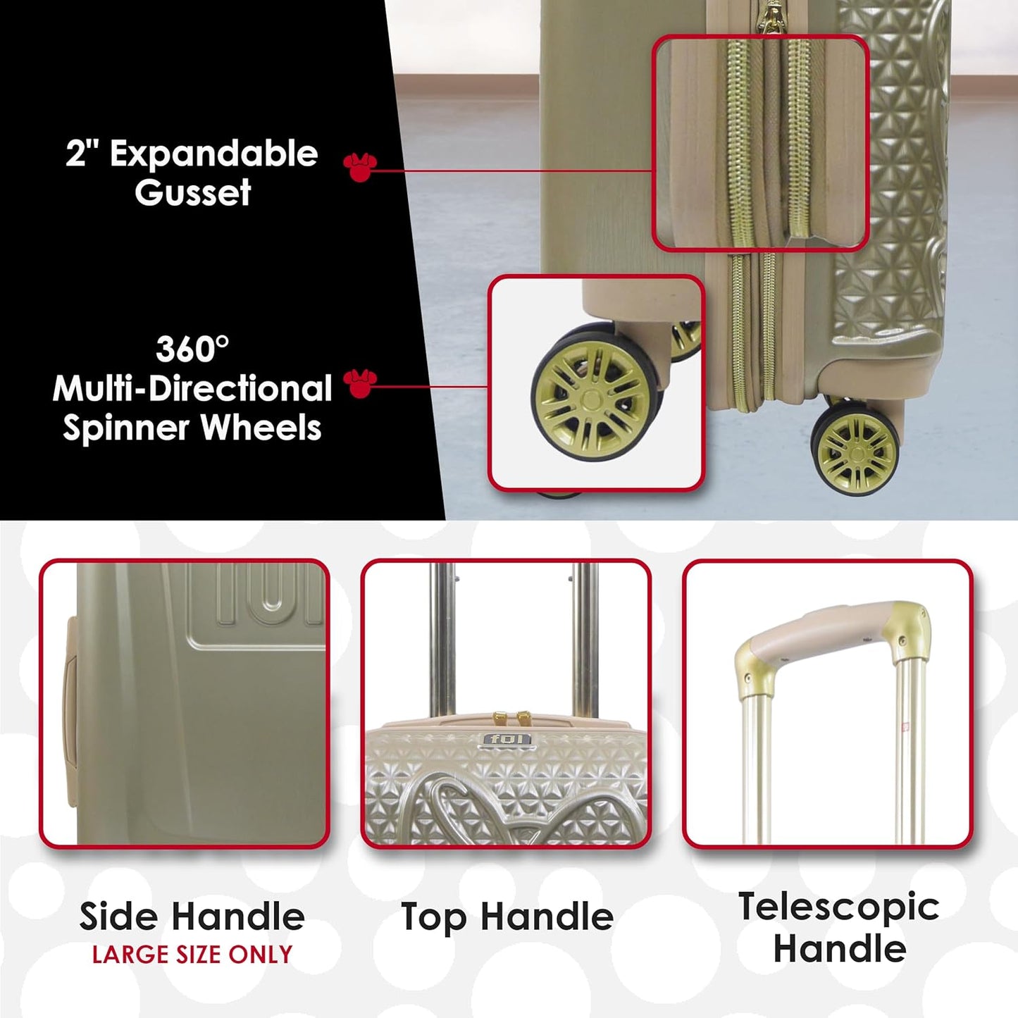 FUL Disney Rolling Luggage, Textured Hardshell Suitcase with Wheels, Minnie Mouse-Taupe, 3 Piece Set