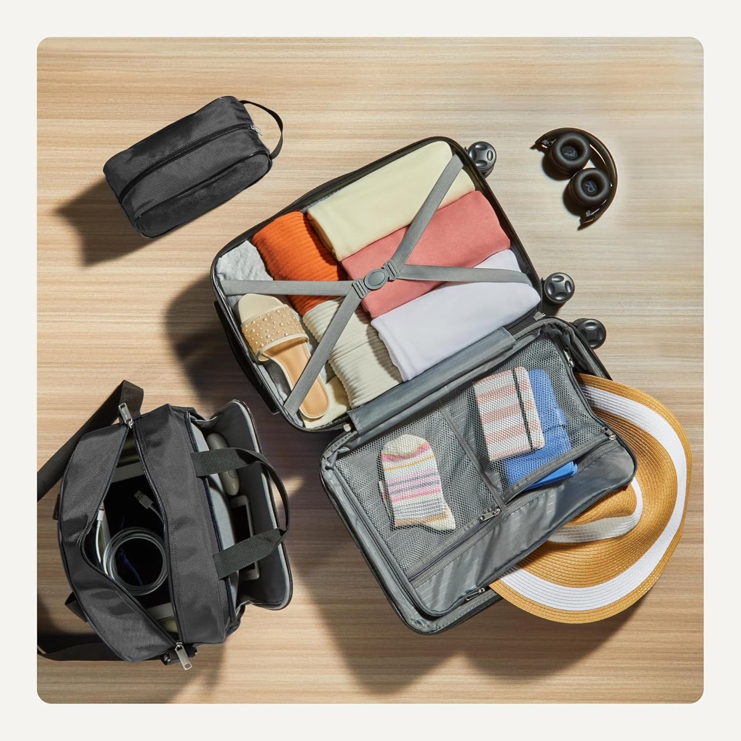 Amazon Basics 3-Piece Luggage Set, Including One Carry-On Luggage (22" Expandable Hardside Suitcase With 8 Spinner Wheels), One 15-inch Tote Bag, and One 10-inch Compact Travel Bag, Black