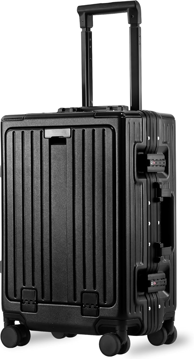 Carry On Luggage 20 Inch, Aluminum Frame Zipperless Luggage, ABS+PC Hard Shell Suitcases, Carry On with Compartment for Short Trips, Suitcase Carry-on TSA Approved (Black)