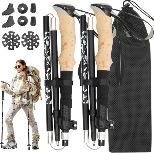 Hiking Poles Collapsible Trekking Poles, Lightweight Folding Walking Stick for Travel with EVA Handle, Walking Stick for Women Men, Adjustable Height, Set of 2