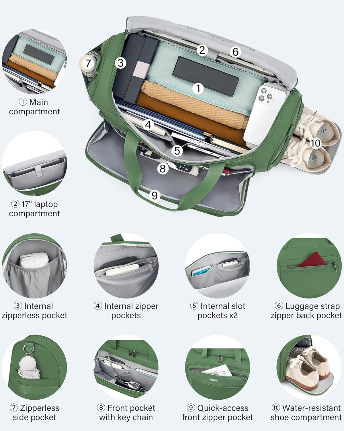 Carry on Duffel Bag Foldable Duffle Bags for Travel, Large Personal Item Bags for Airplanes, Weekender Overnight Mens Travel Tote Bag for Women Softside Carry on Luggage (Forest Green)