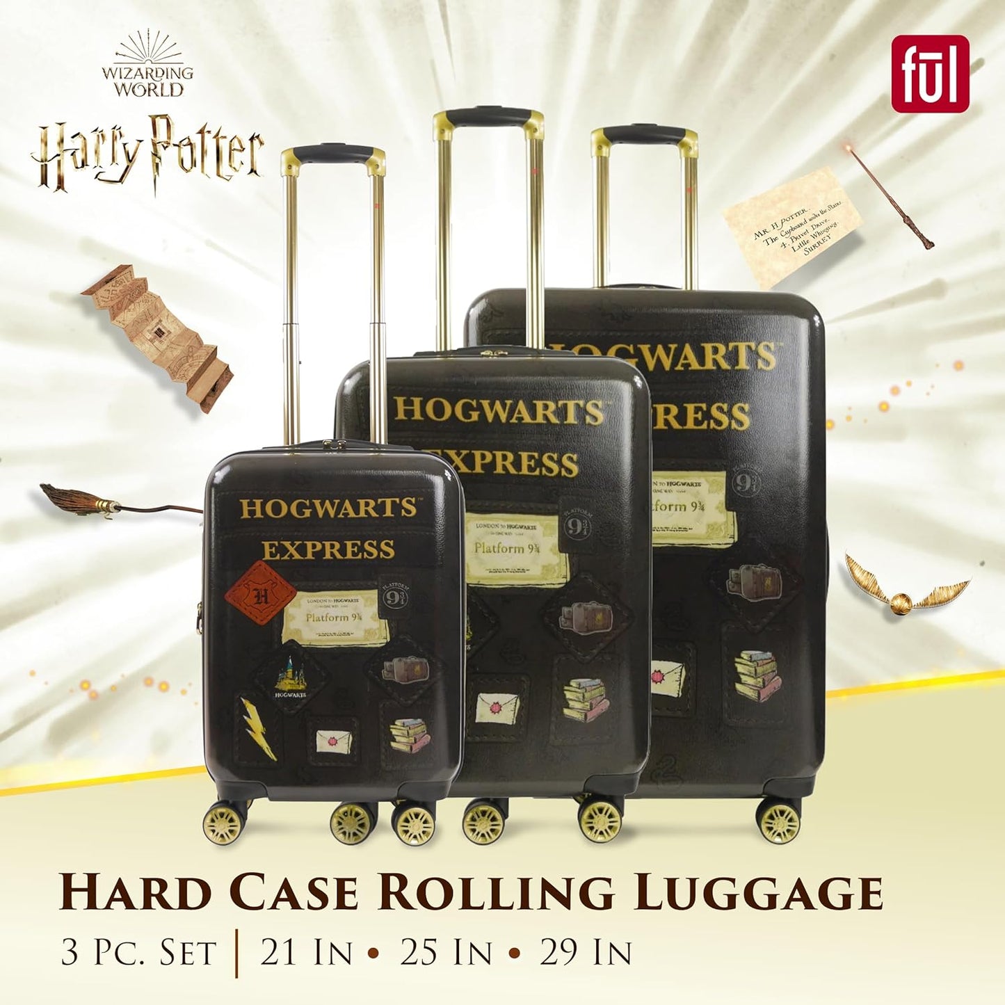 FUL Harry Potter 3 Piece Set Rolling Luggage, Hogwarts Express Hardshell Suitcases with Spinner Wheels, 21/25/29 Inch, Black
