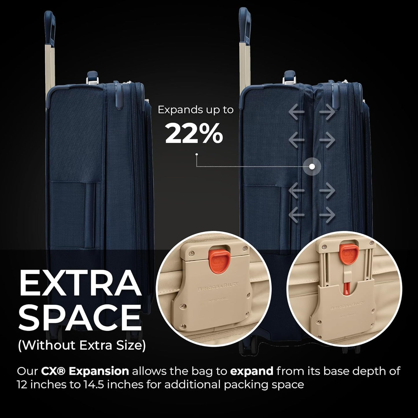 Briggs & Riley 29" Large Expandable Spinner - Checked Luggage for Travel, Suitcases with Wheels, Softside Rolling Bag for Men & Women, Self-Repairing Zipper - Baseline Collection, Navy