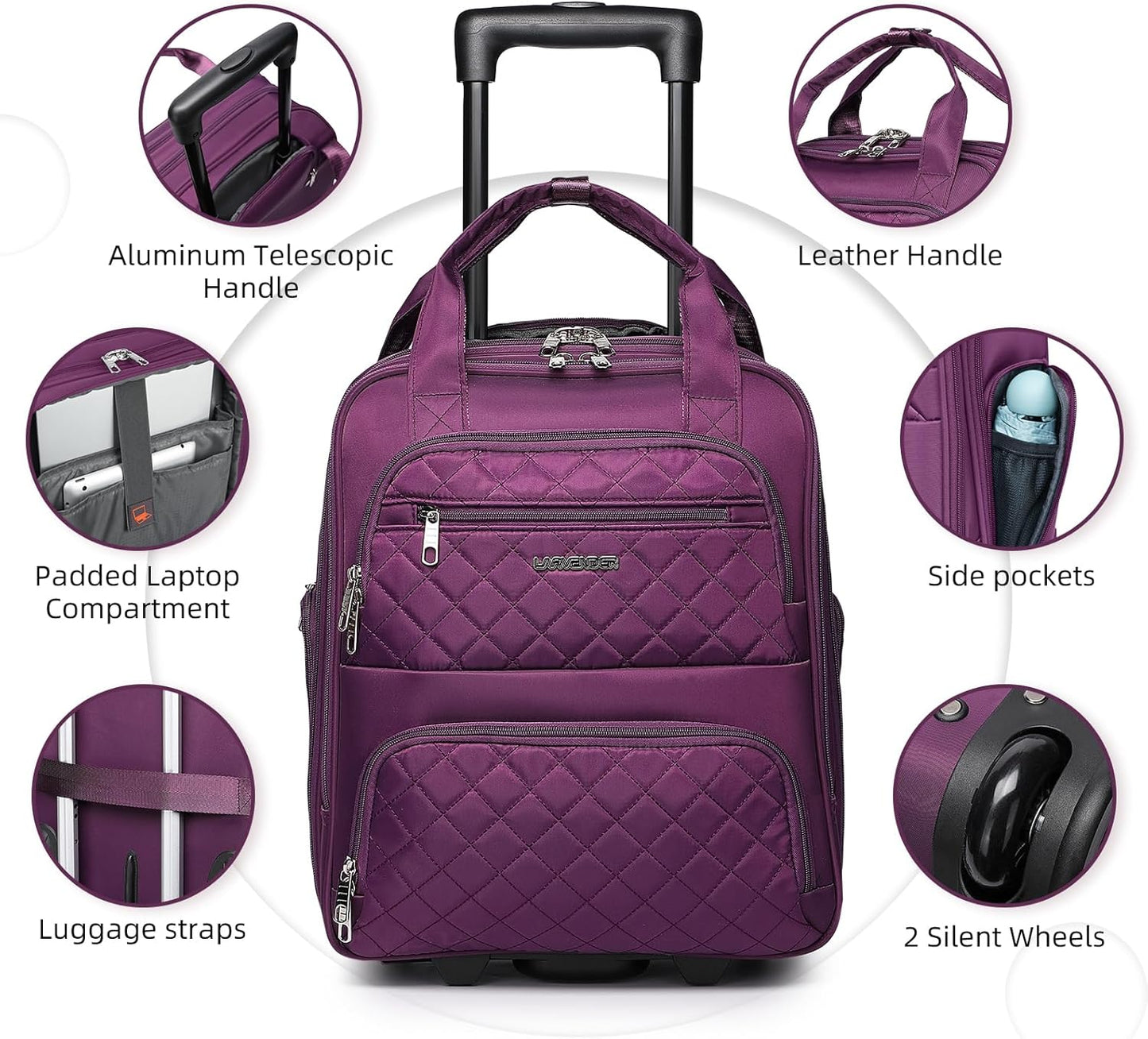 LARVENDER Underseat Carry On Luggage with Wheels Softside 16-inch Underseater Luggage Lightweight Overnight Suitcase for Men Women, Purple, 3 Piece (16/BP/TB)