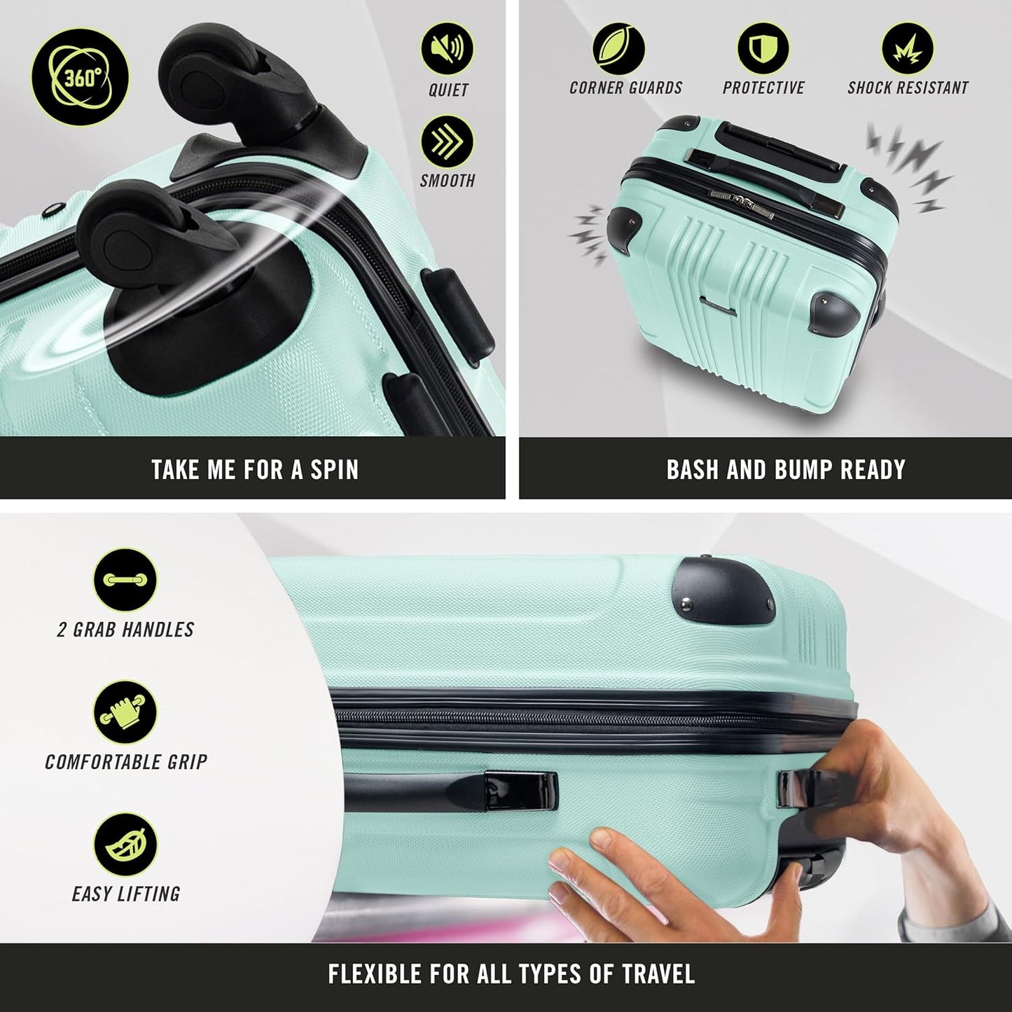 Kenneth Cole REACTION Out of Bounds Lightweight Hardshell 4-Wheel Spinner Luggage, Mint Blue, 20-Inch Carry On