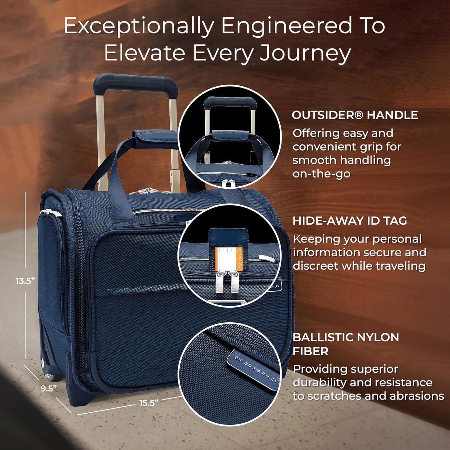 Briggs & Riley 2-Wheel Cabin Bag - Carry On Luggage for Travel, Suitcases with Wheels, Softside Rolling Bag for Men & Women, Interlocking Handle, Self-Repairing Zipper - Baseline Collection, Navy