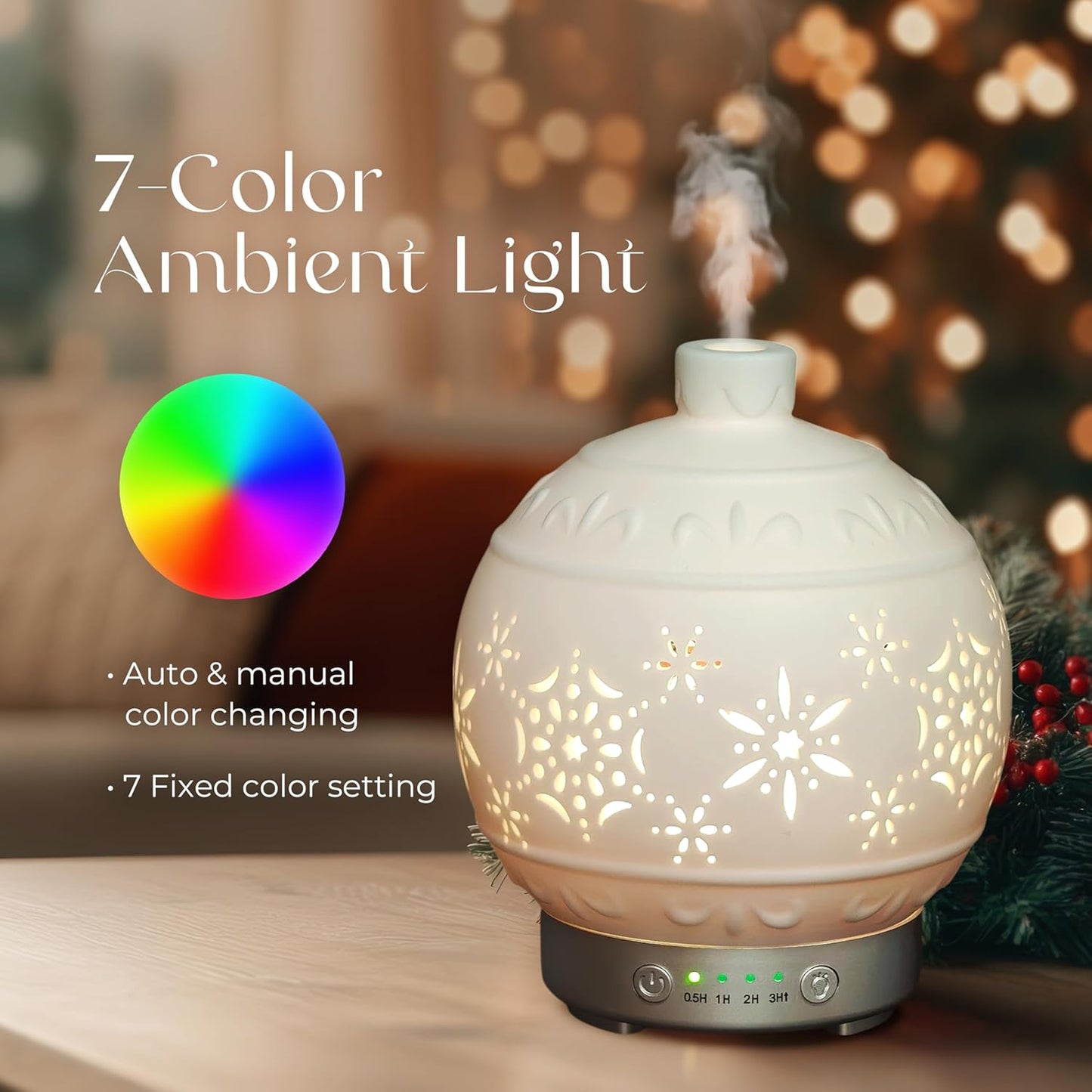 Earnest Living Christmas Ball Essential Oil Diffuser White Ceramic 100 ml Diffuser Home Décor, 7 Color Lights, Timers, Auto Off Cool Mist Humidifier Aromatherapy Diffuser