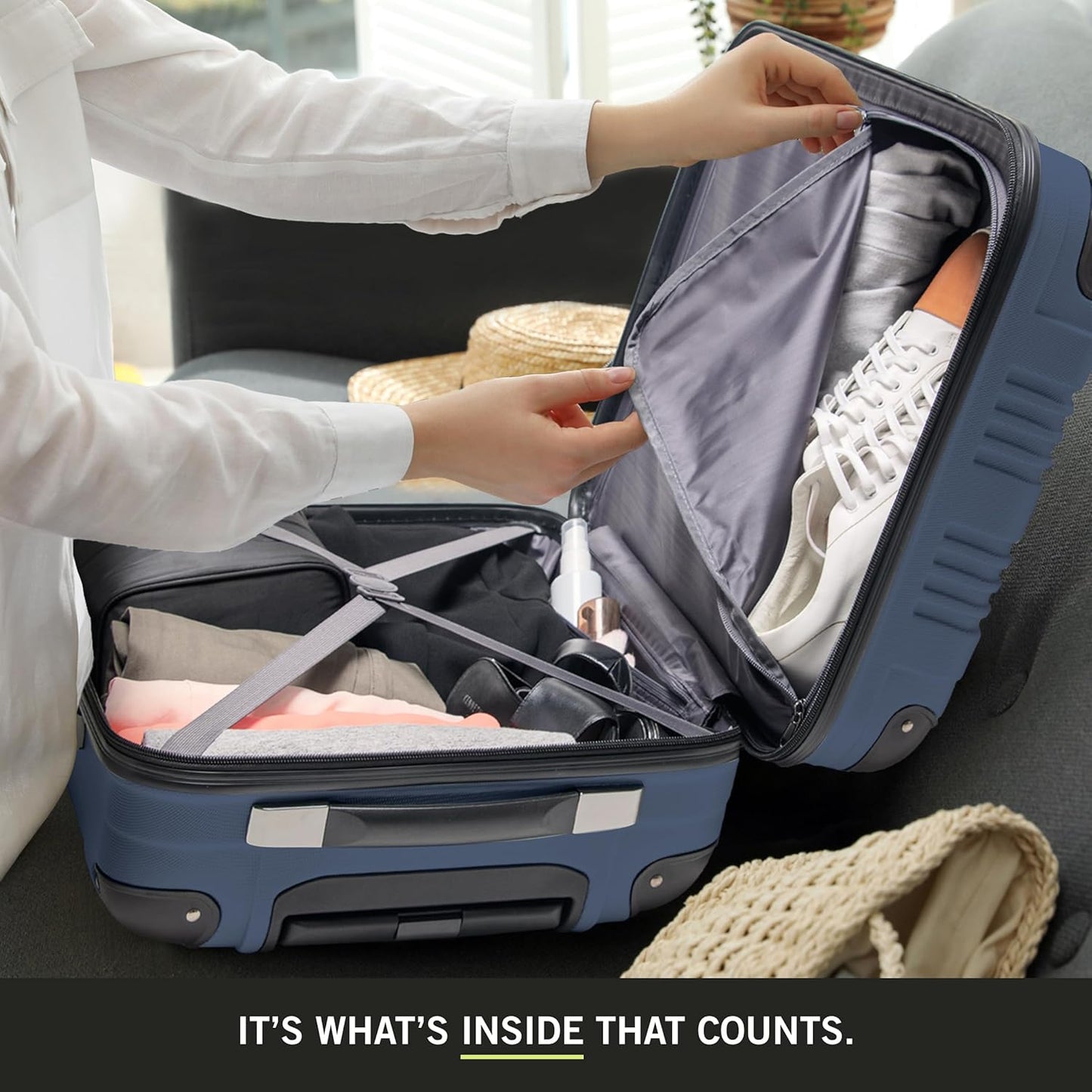 Kenneth Cole REACTION Out of Bounds Lightweight Hardshell 4-Wheel Spinner Luggage, Naval, 3-Piece Set (20", 24", & 28")