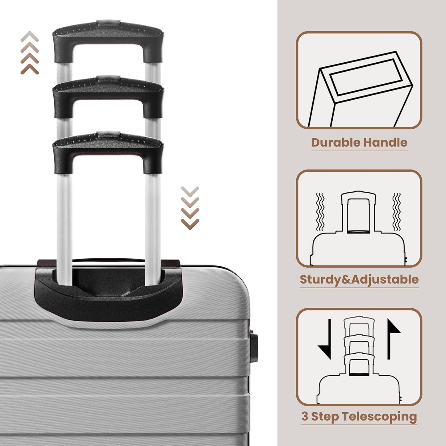 AnyZip Luggage Sets 3 Piece Hardshell Suitcase Set PC ABS Lightweight Travel Suitcases with 4 Double Spinner Wheels TSA Lock 20 24 28 Inch Silver