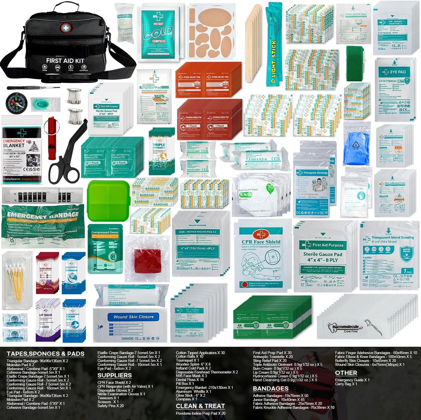 Professional 435 Pieces Large First Aid Kit - Includes Compressed Gauze - Compartments Emergency Medical Kit for Home, Camping, Backpacking, Travel, Boat, Car,Outdoors (Black)
