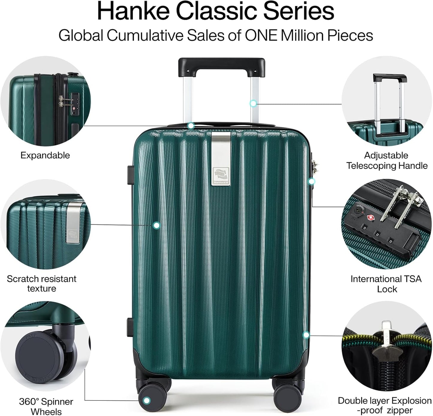 Hanke 24 Inch Expandable Checked Luggage Lightweight PC Hard Shell Luggage Suitcases with Wheels Travel Luggage Rolling Large Suitcase Travel Luggage Bag for Go to University.(Blackish Green)