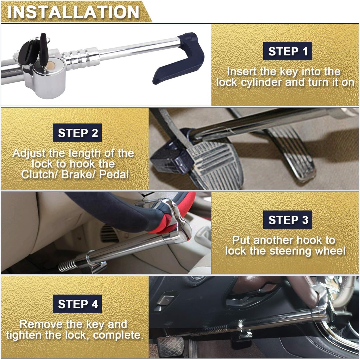 Tevlaphee Universal Steering Wheel Brake Lock Anti-Theft Retractable Double Hook Extended Car Lock Clutch Pedal for Car Truck SUV Van Security with 3 Keys(Extended)