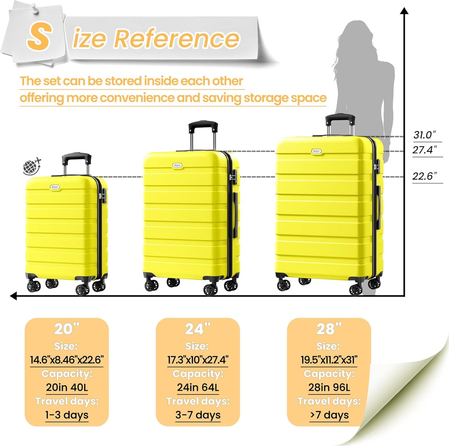 AnyZip Luggage Sets 3 Piece Hardshell Suitcase Set PC ABS Lightweight Travel Suitcases with 4 Double Spinner Wheels TSA Lock 20 24 28 Inch Black